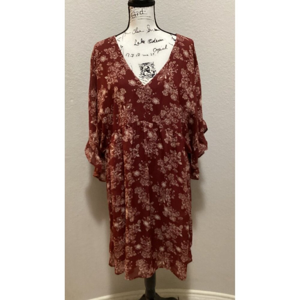 Bailey Blue Rust Floral V-Neck Ruffle Sleeve Dress Size 2X